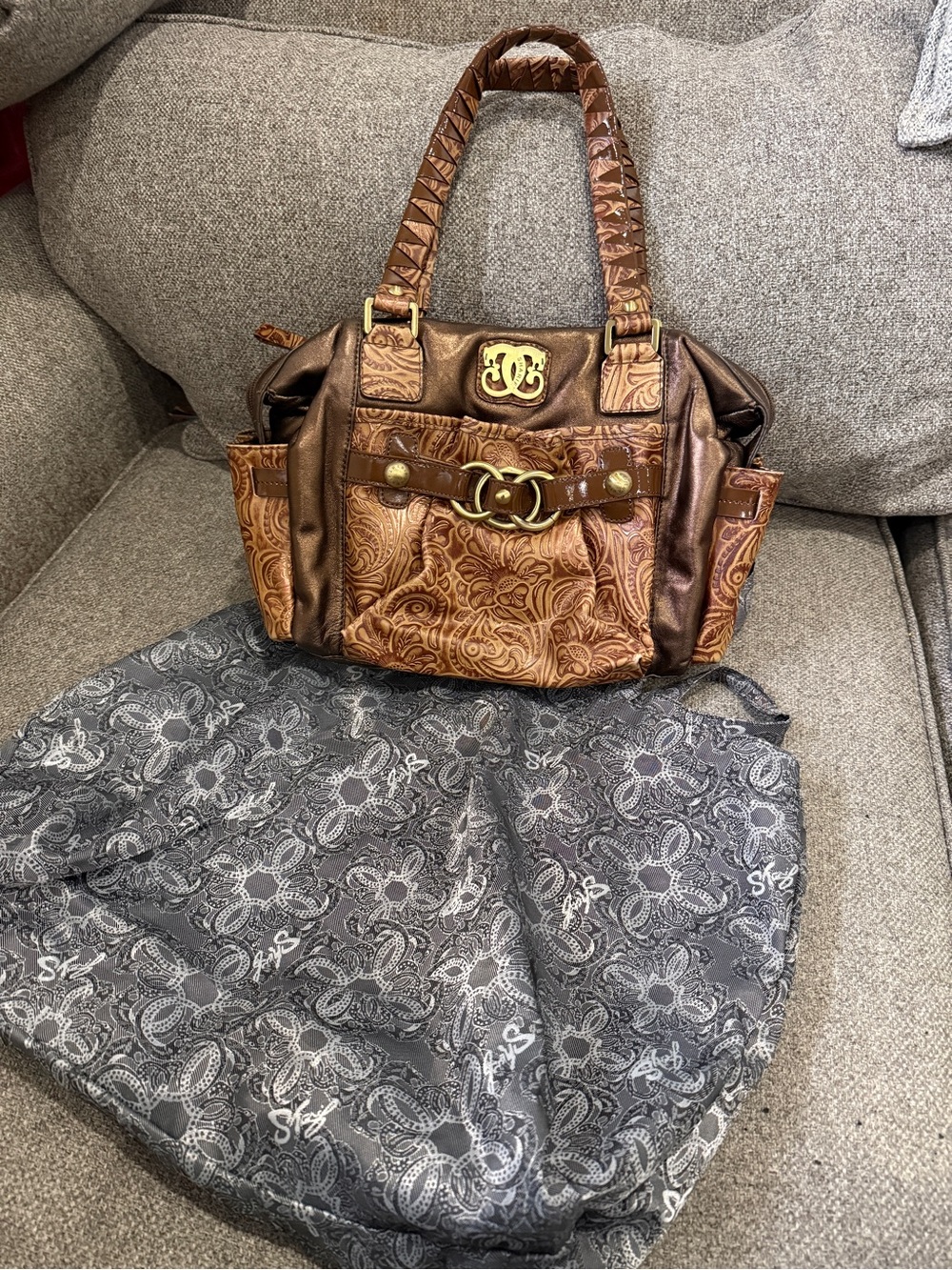 NWT Sharif Vintage Bronze Brown Embossed Leather Paisley Bag + Dust Bag